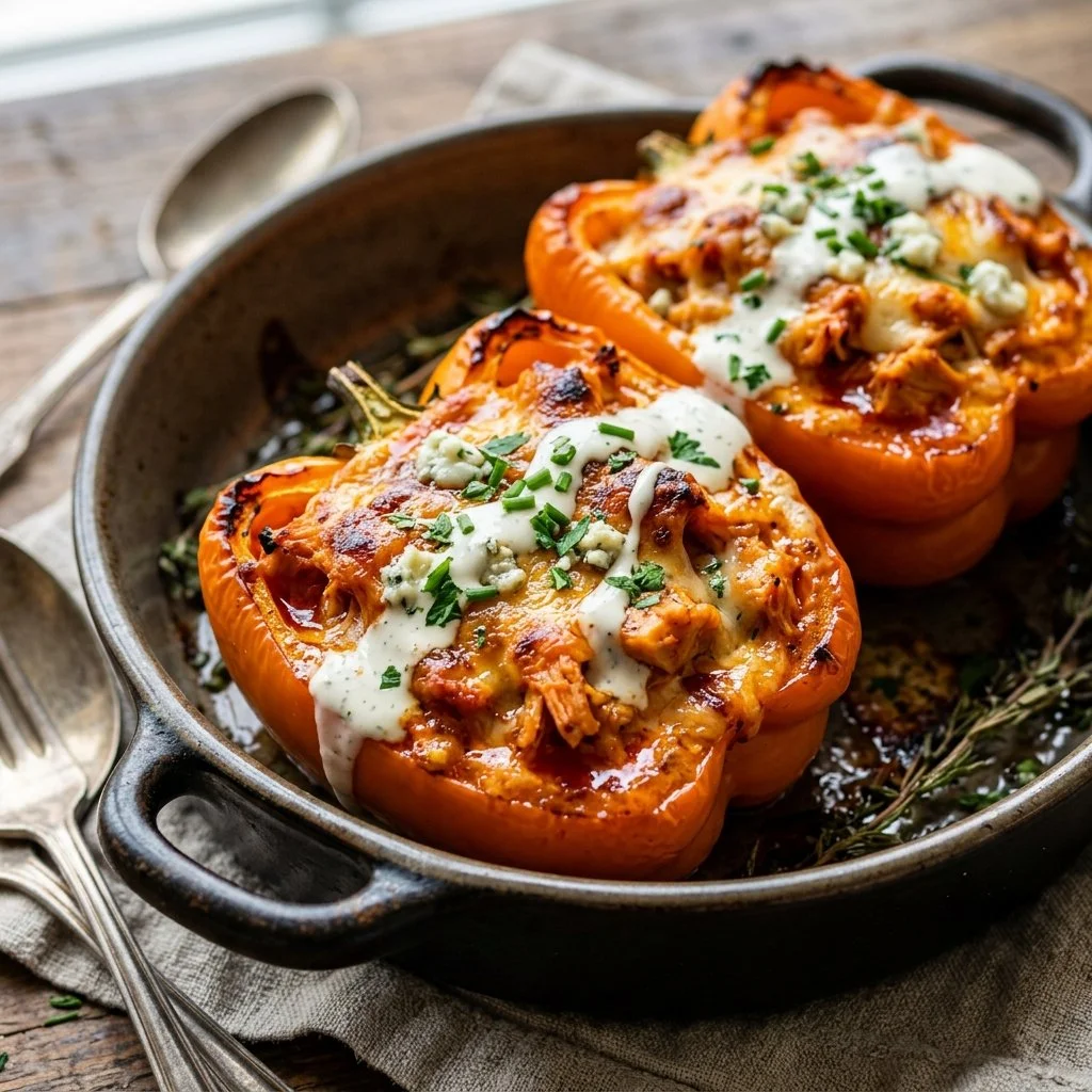 Buffalo chicken stuffed peppers with melted cheese and garnishes
