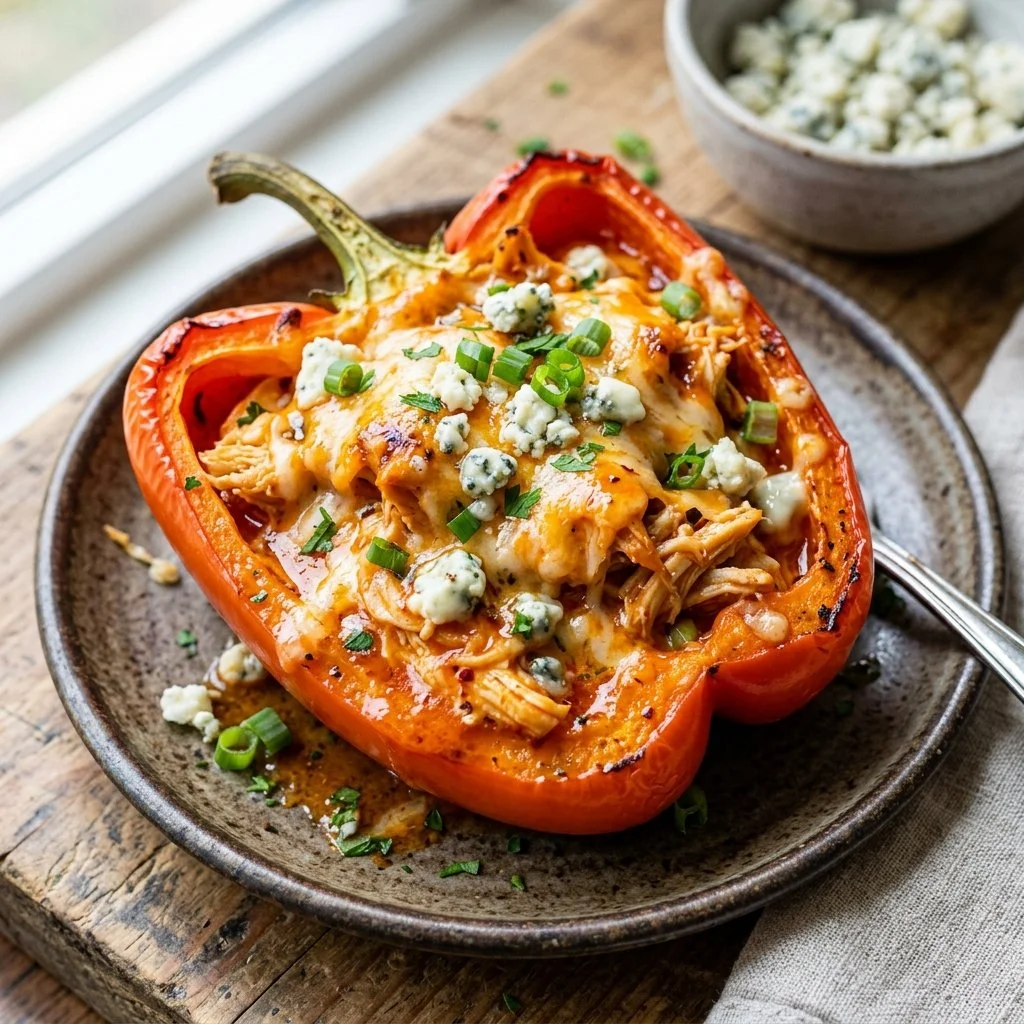 Buffalo Chicken Stuffed Peppers garnished with herbs on a plate