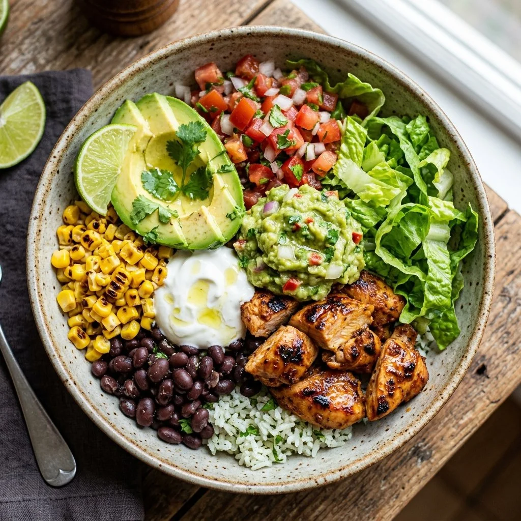 Colorful burrito bowls with fresh ingredients served in a vibrant dish