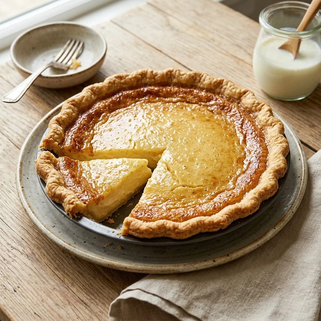 A slice of homemade buttermilk pie on a plate with a fork