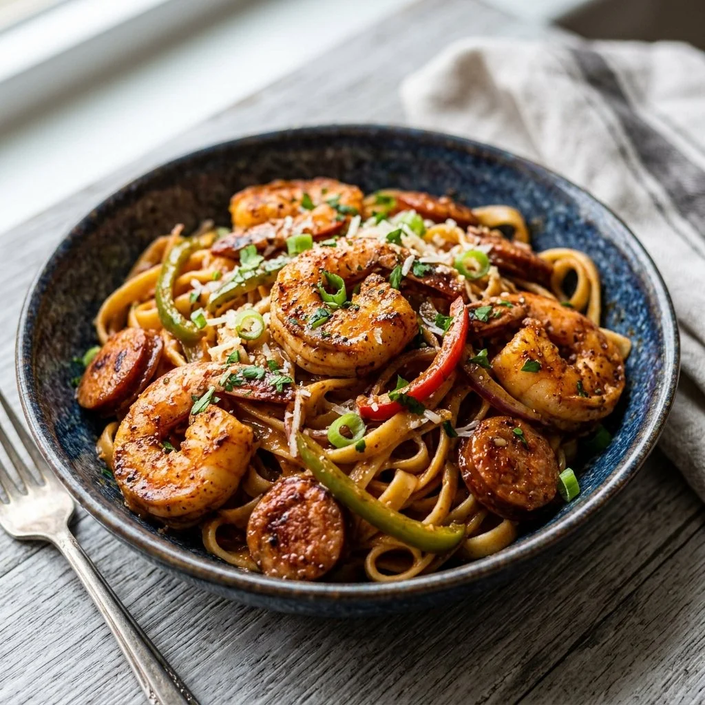Plate of Cajun Shrimp Pasta with fresh herbs and spices