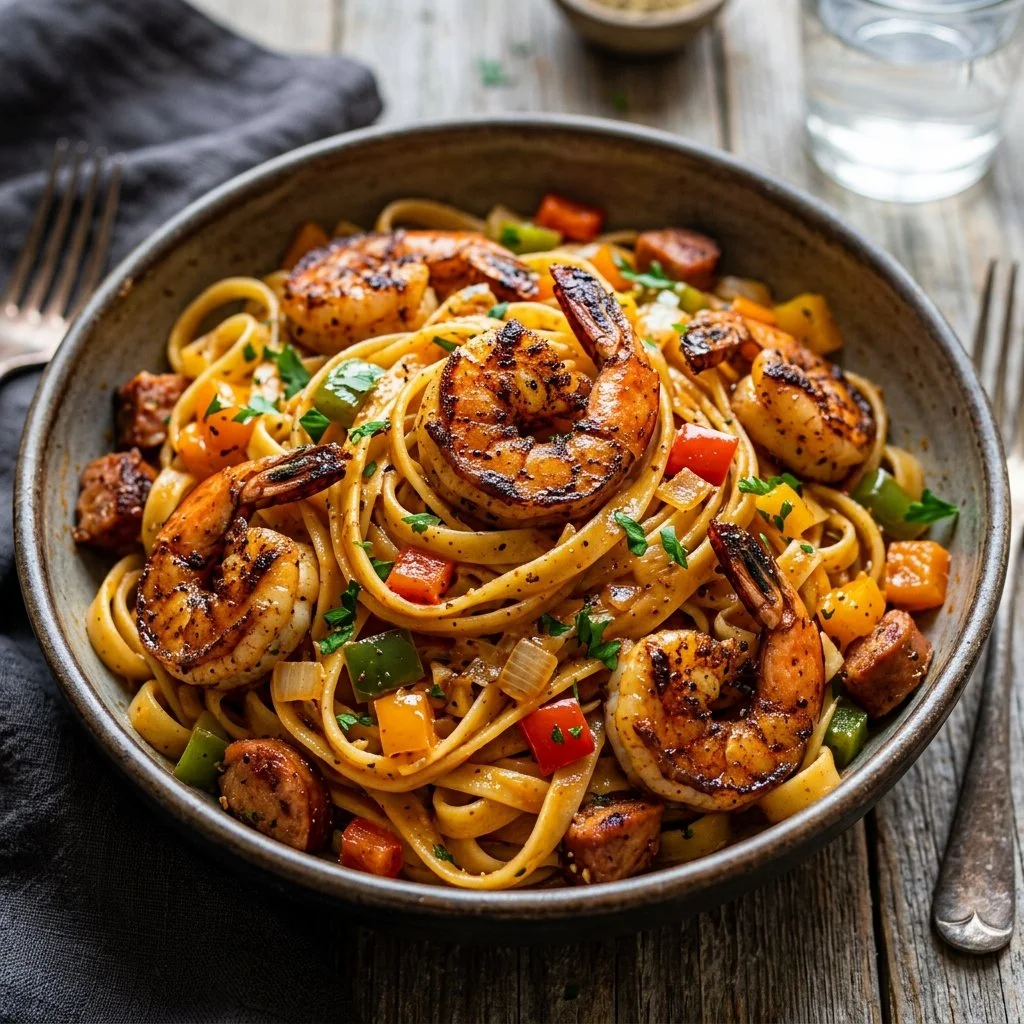 Delicious Cajun Shrimp Pasta dish topped with fresh herbs and spices