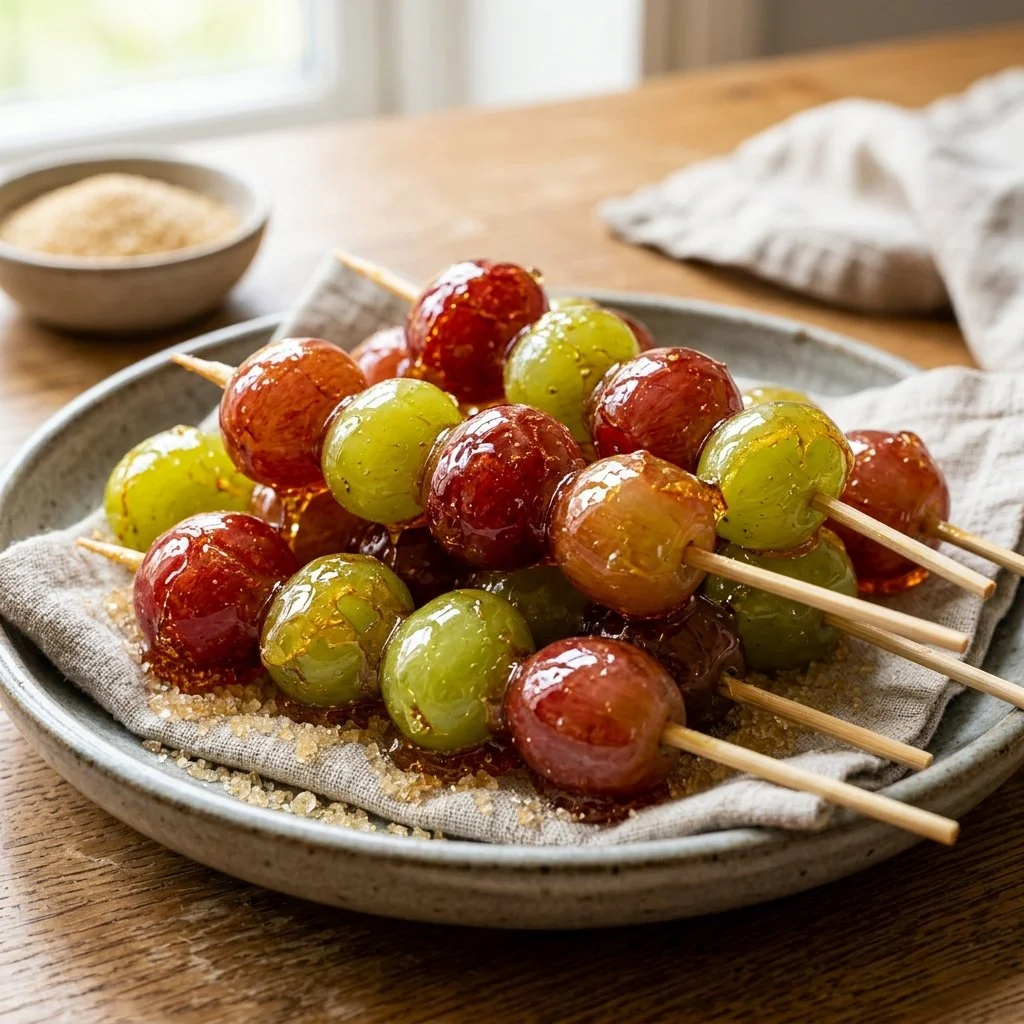 A plate of colorful candied grapes coated in sugar and glistening in the light.