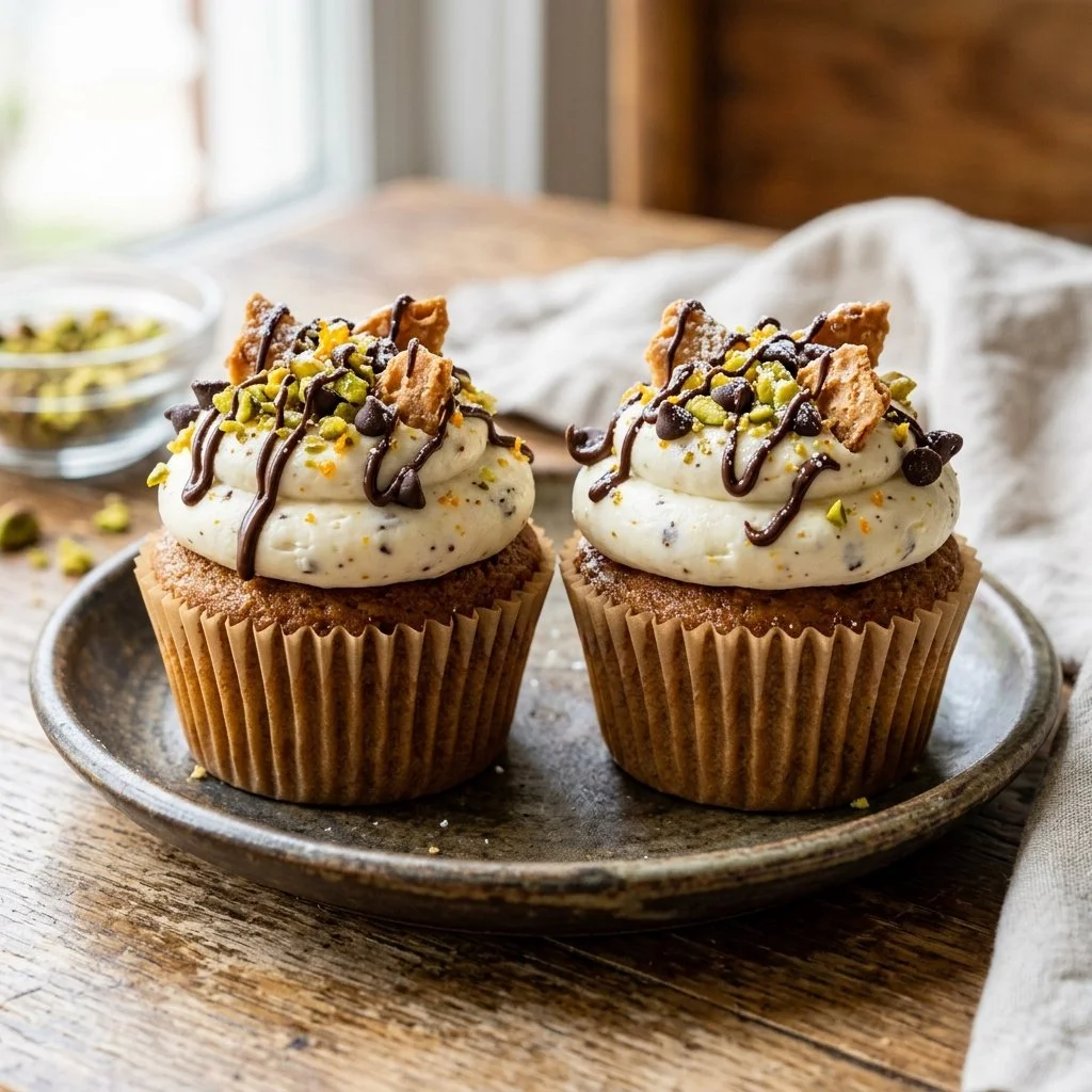Delicious cannoli cupcakes topped with cream filling and chocolate chips