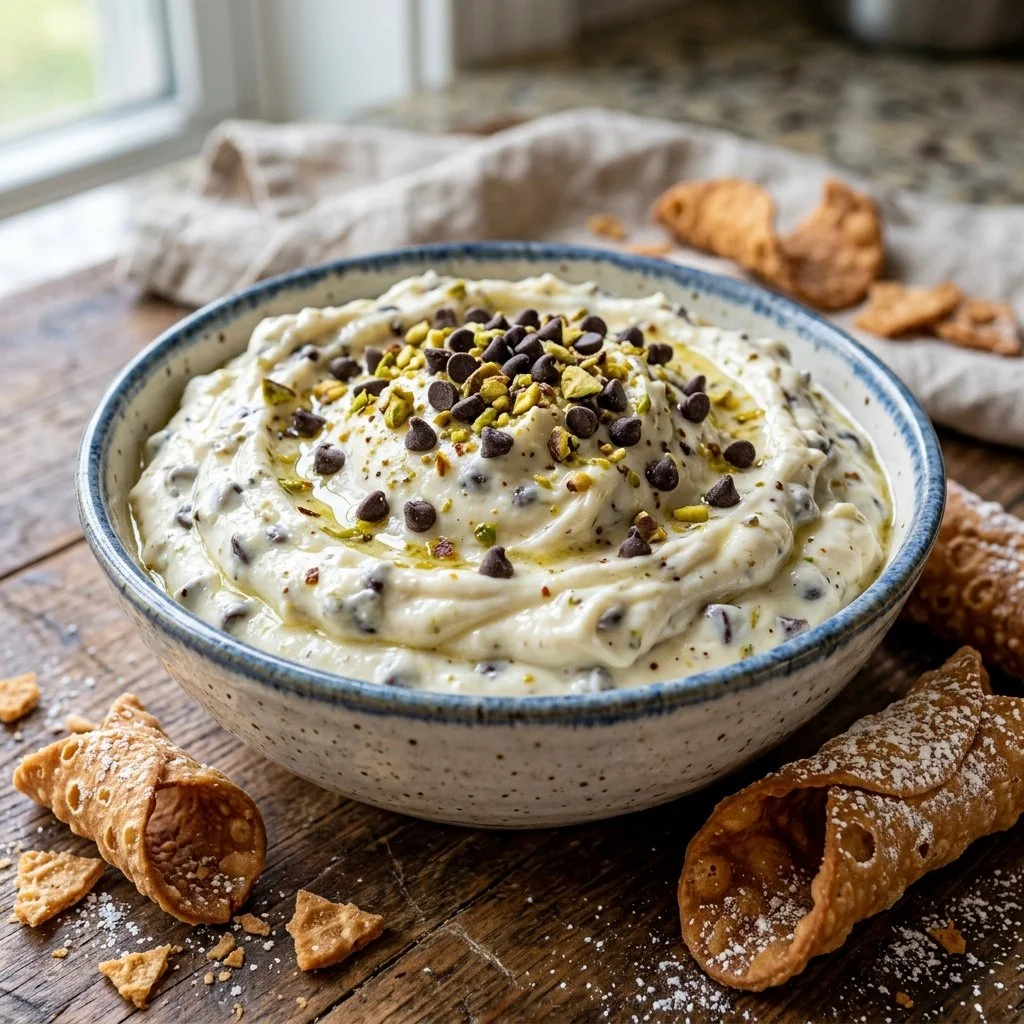 Delicious cannoli dip served with graham crackers and chocolate chips