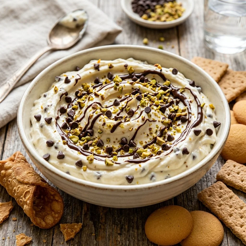 Delicious cannoli dip served with crunchy pastry chips for dipping.
