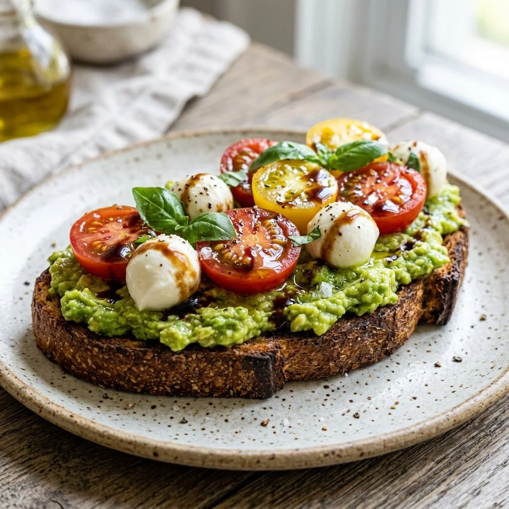 Delicious Caprese avocado toast with mozzarella, tomatoes, and basil.