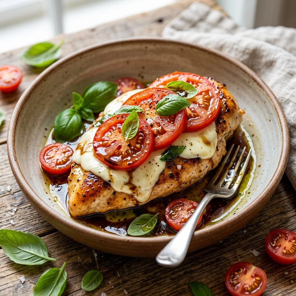 Delicious Caprese Chicken with fresh basil, tomatoes, and mozzarella