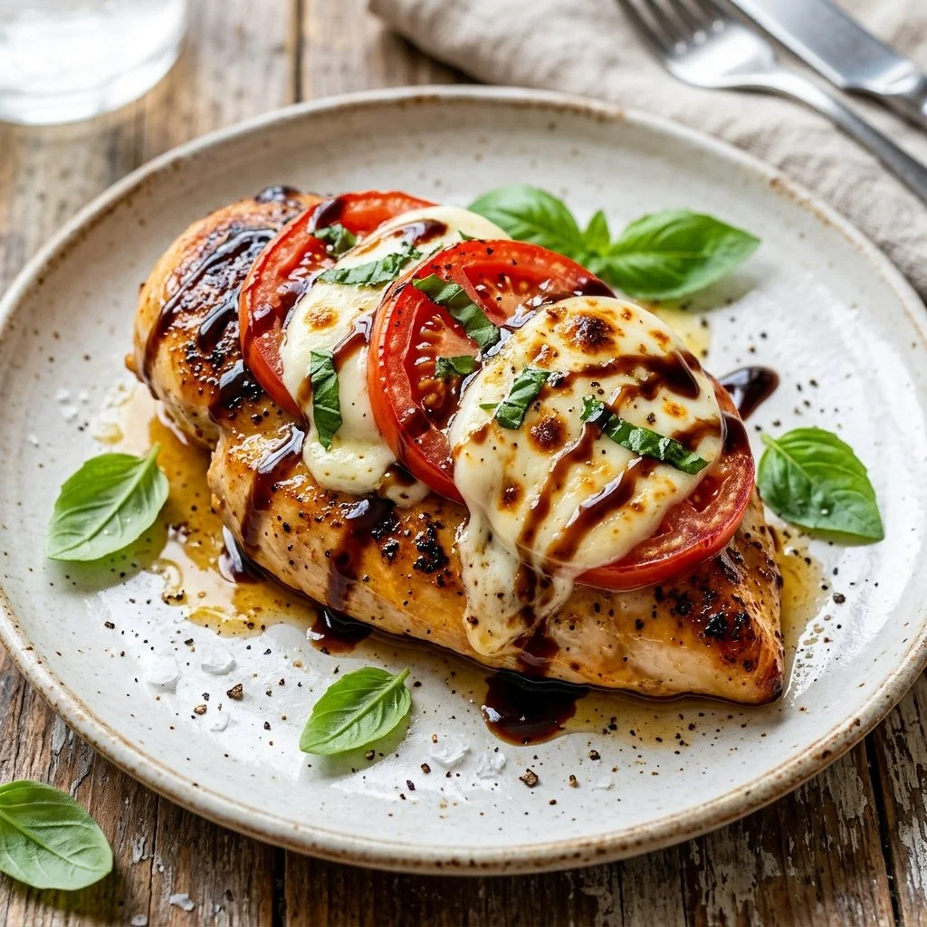 Delicious Caprese Chicken Breast topped with mozzarella and tomatoes