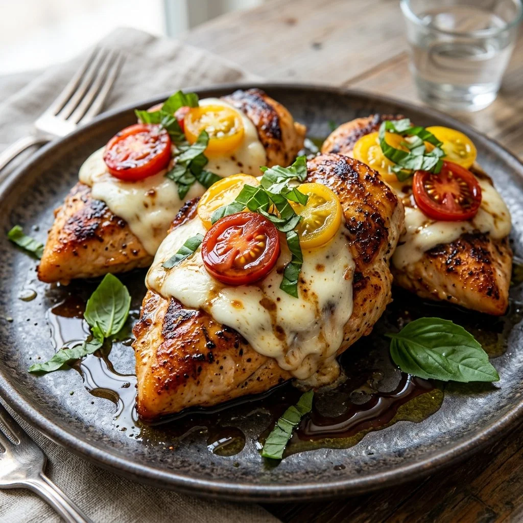 Delicious Caprese Chicken Breasts with tomatoes and mozzarella cheese