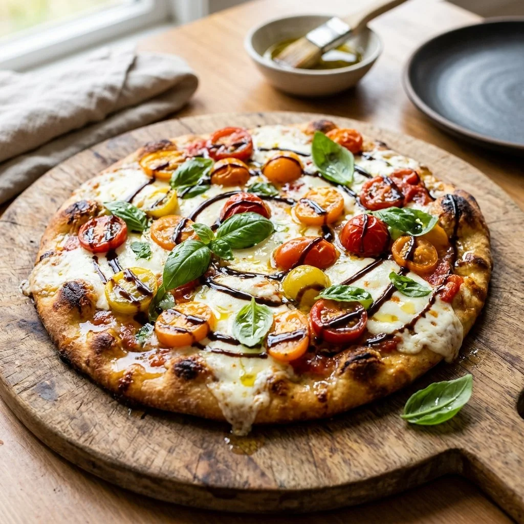Delicious Caprese Flatbread Pizza topped with fresh basil, mozzarella, and tomatoes.