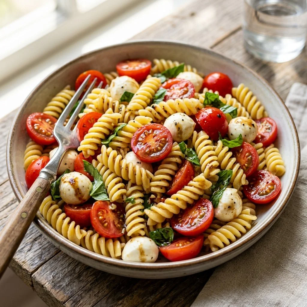 A vibrant bowl of Caprese Pasta Salad with mozzarella, cherry tomatoes, and basil leaves.