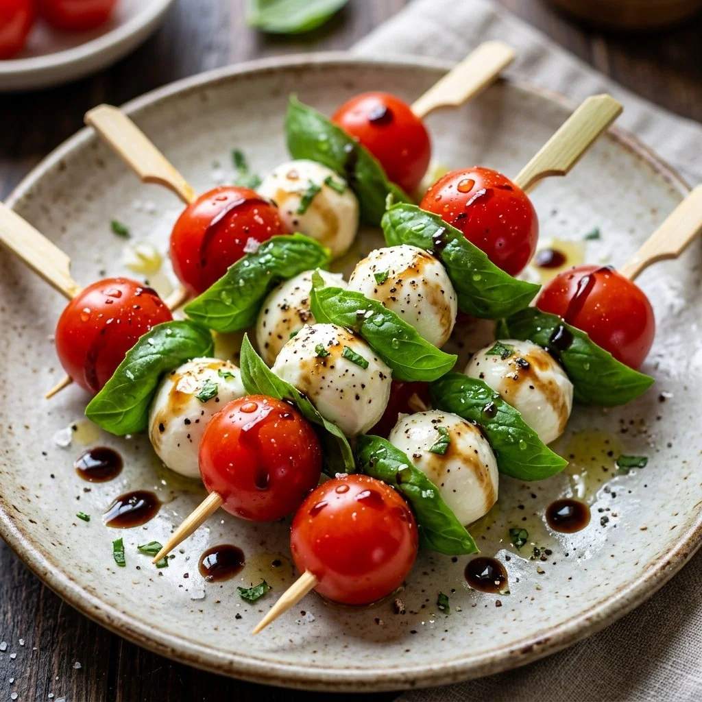 Caprese salad skewers with tomatoes, mozzarella, and basil on a platter.
