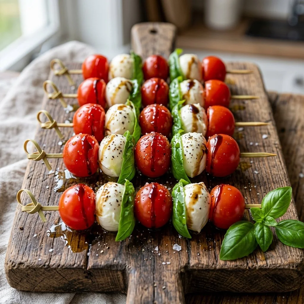 Delicious Caprese Skewers made with mozzarella, tomatoes, and basil