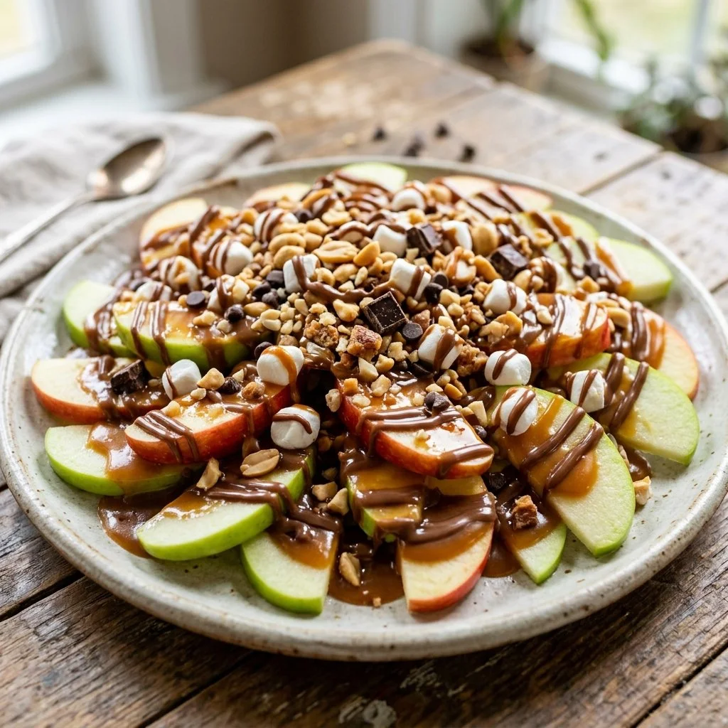 Delicious caramel apple nachos topped with caramel sauce and nuts