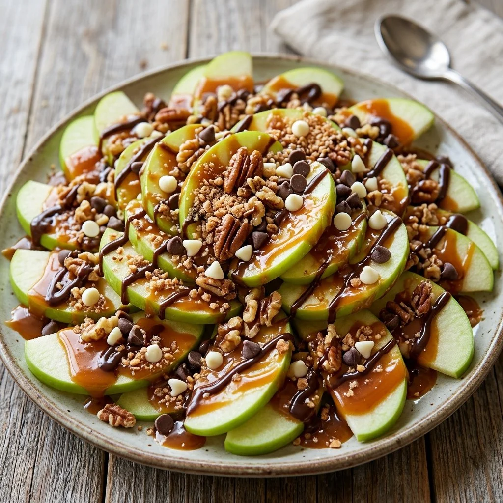 Delicious caramel apple nachos topped with drizzled caramel and chocolate