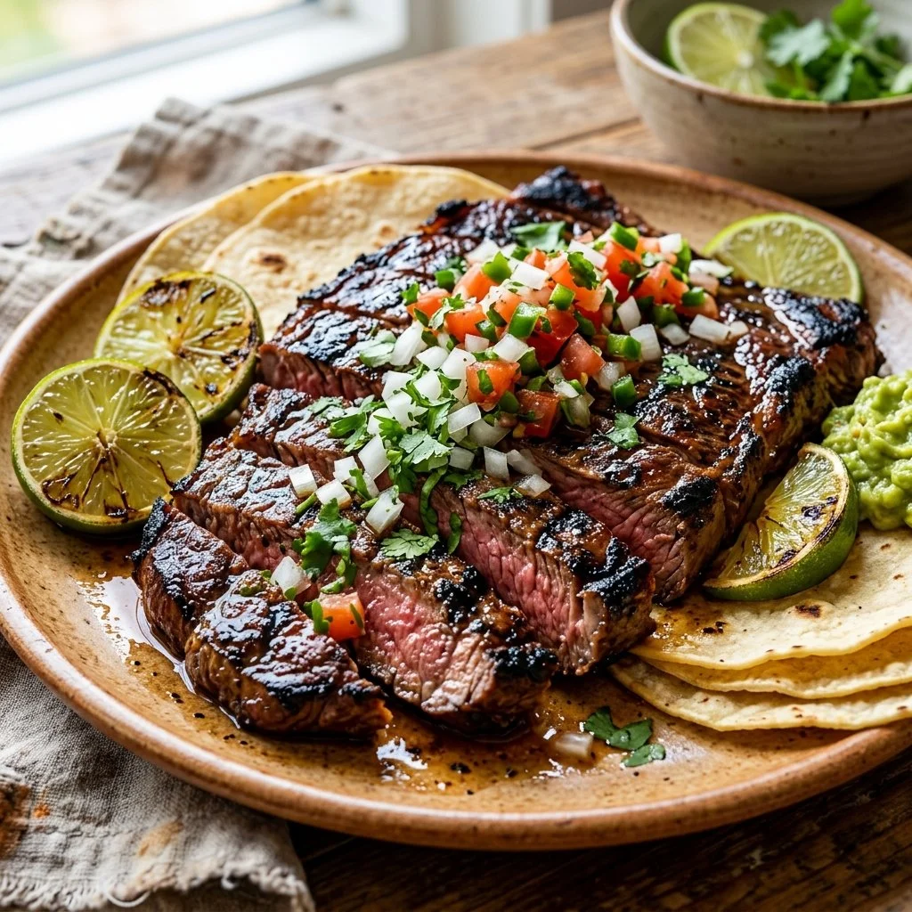 Grilled Carne Asada steak on a platter with garnishes