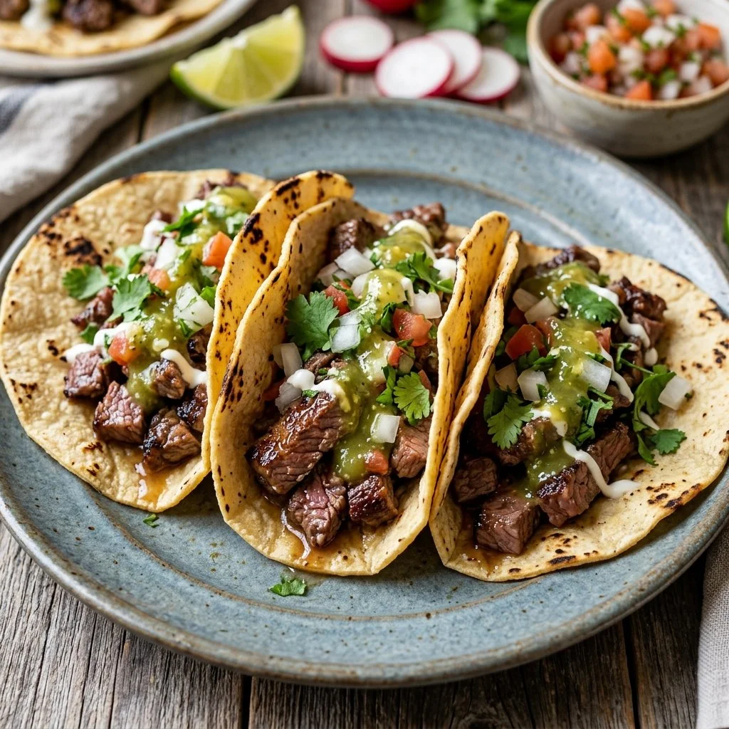 Delicious carne asada tacos topped with fresh cilantro and onions