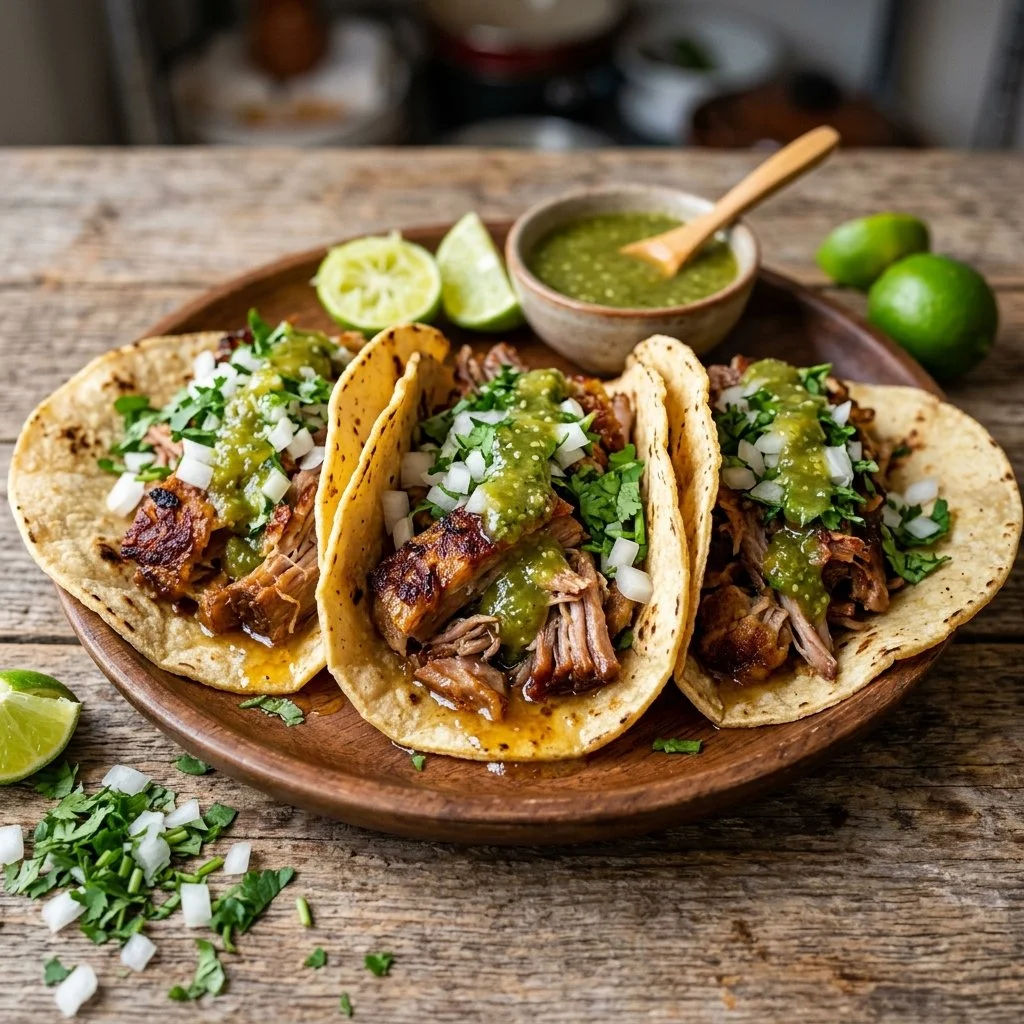 Delicious carnitas tacos topped with fresh ingredients and served on corn tortillas