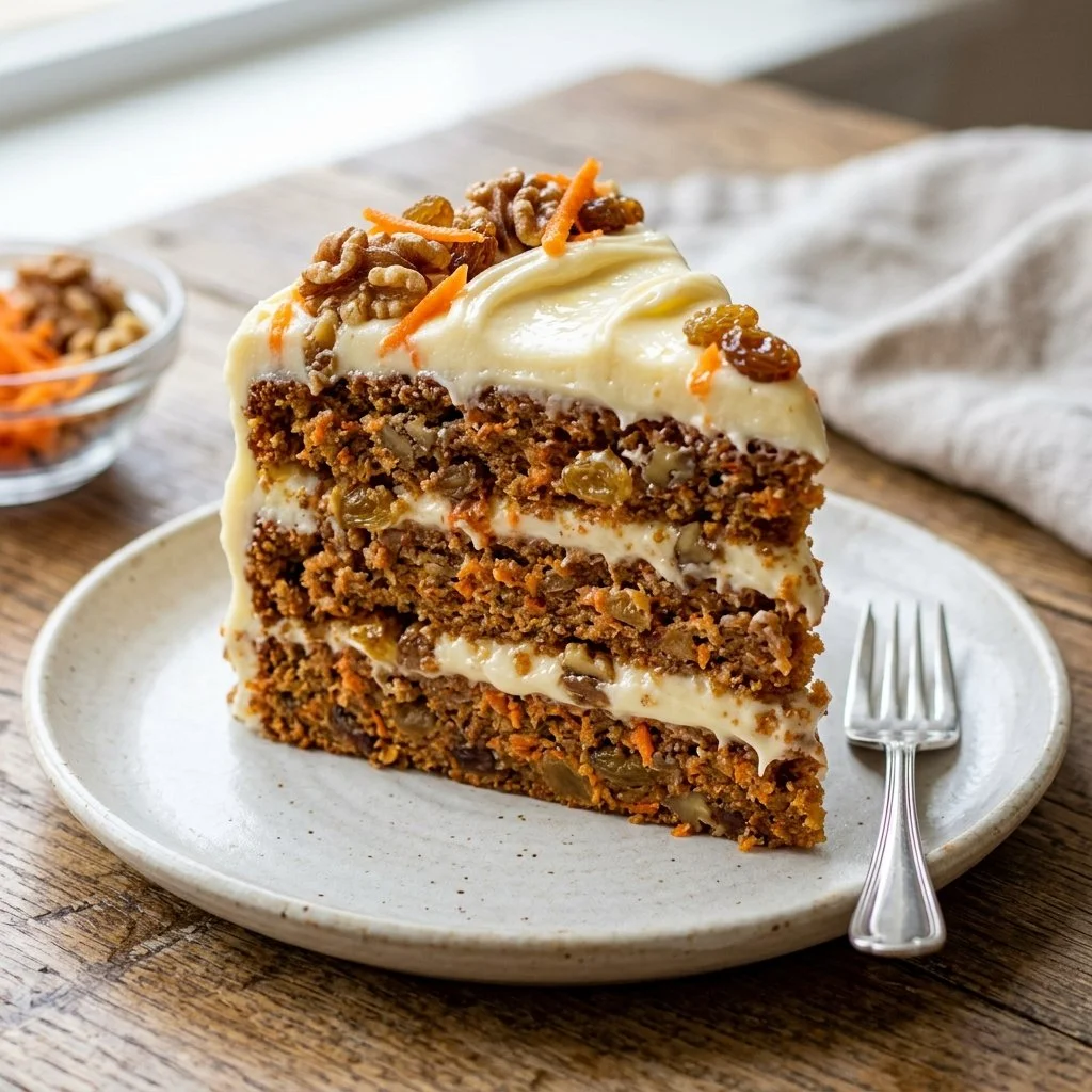 Delicious homemade carrot cake with cream cheese frosting and walnuts