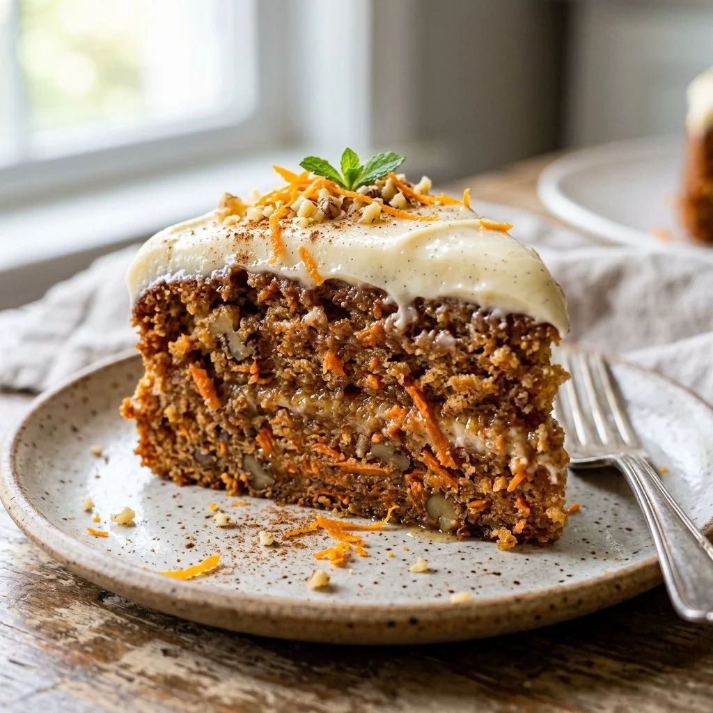 Delicious homemade carrot cake with cream cheese frosting and grated carrots