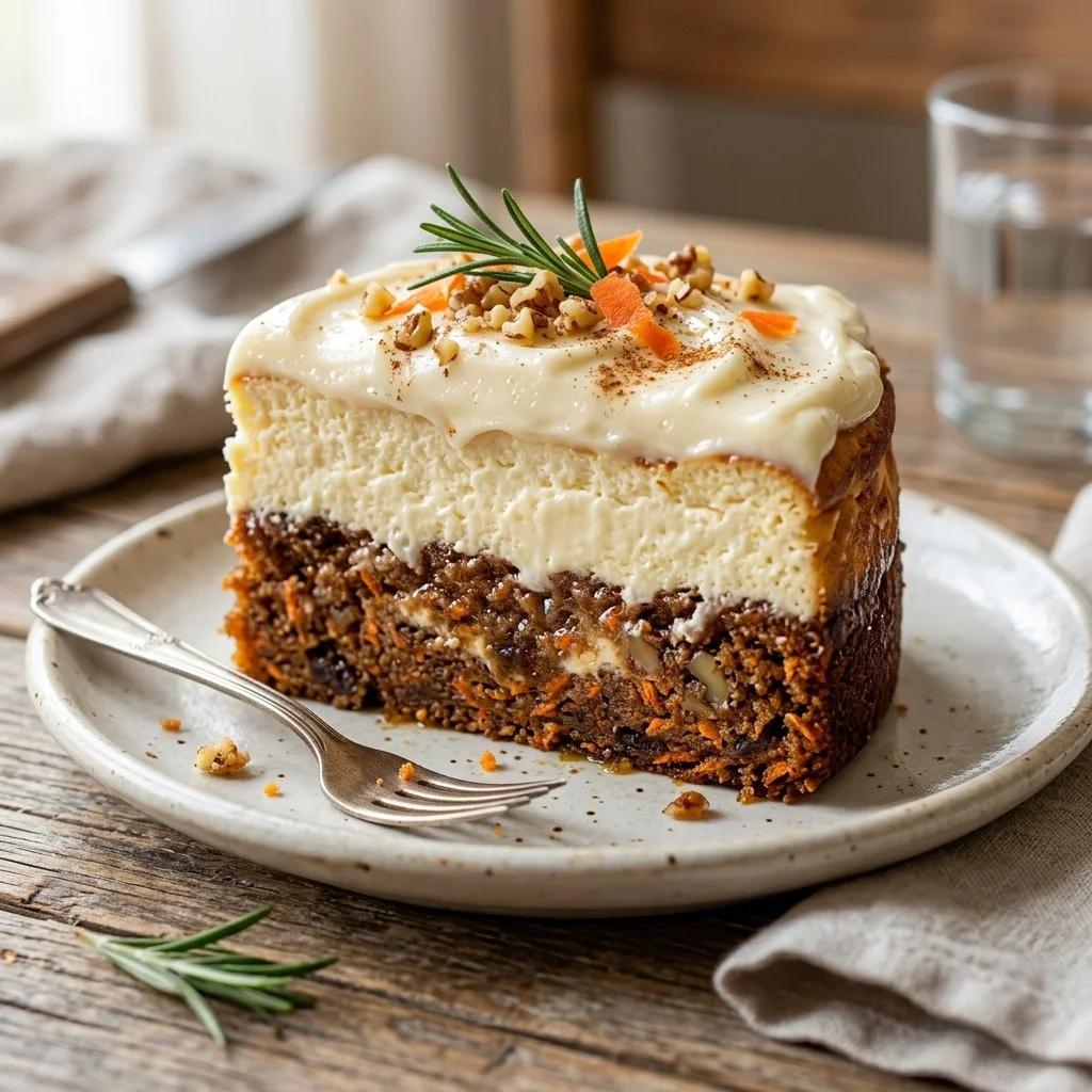 Slice of carrot cake cheesecake with cream cheese frosting and decorative carrots