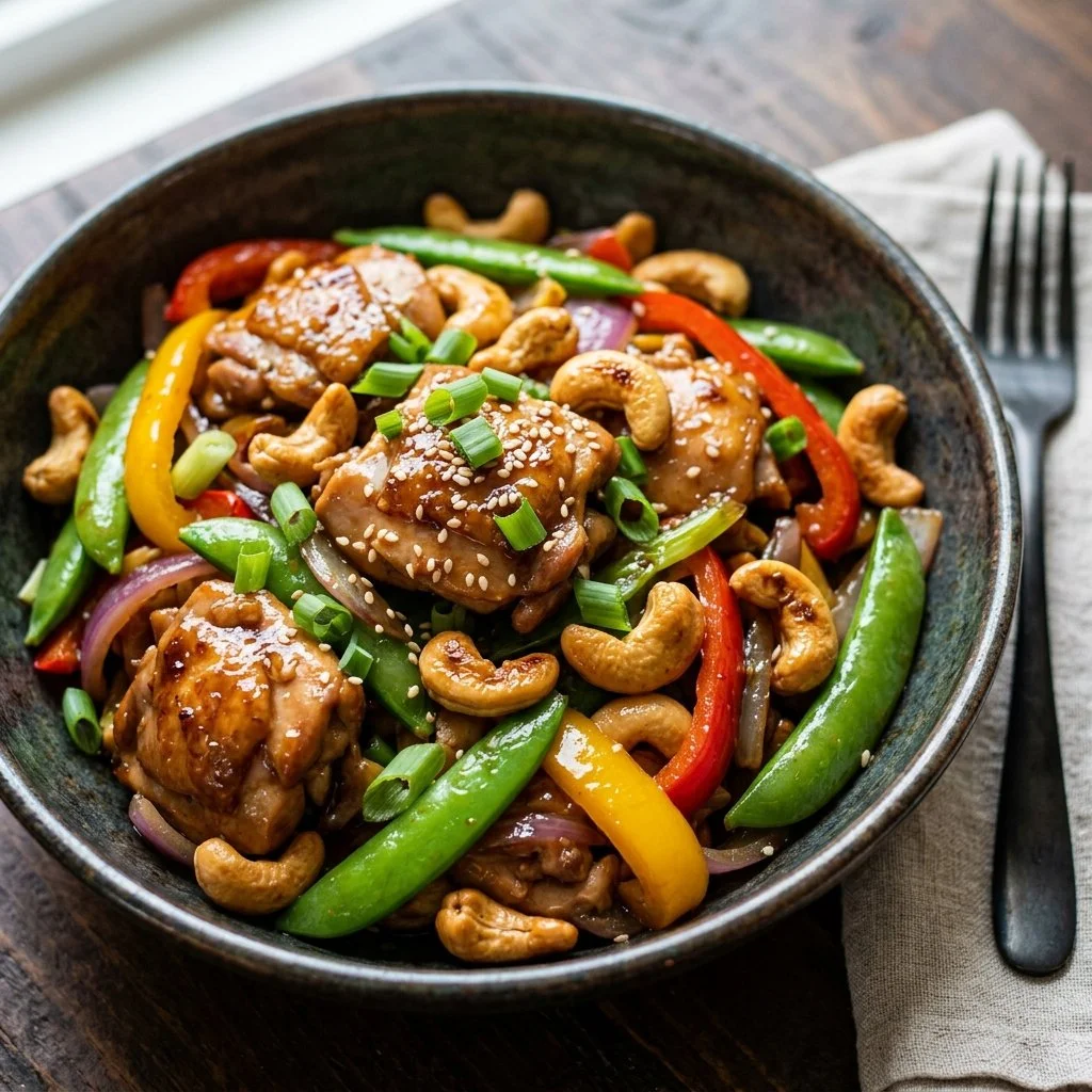 Delicious cashew chicken stir fry with colorful vegetables and cashews