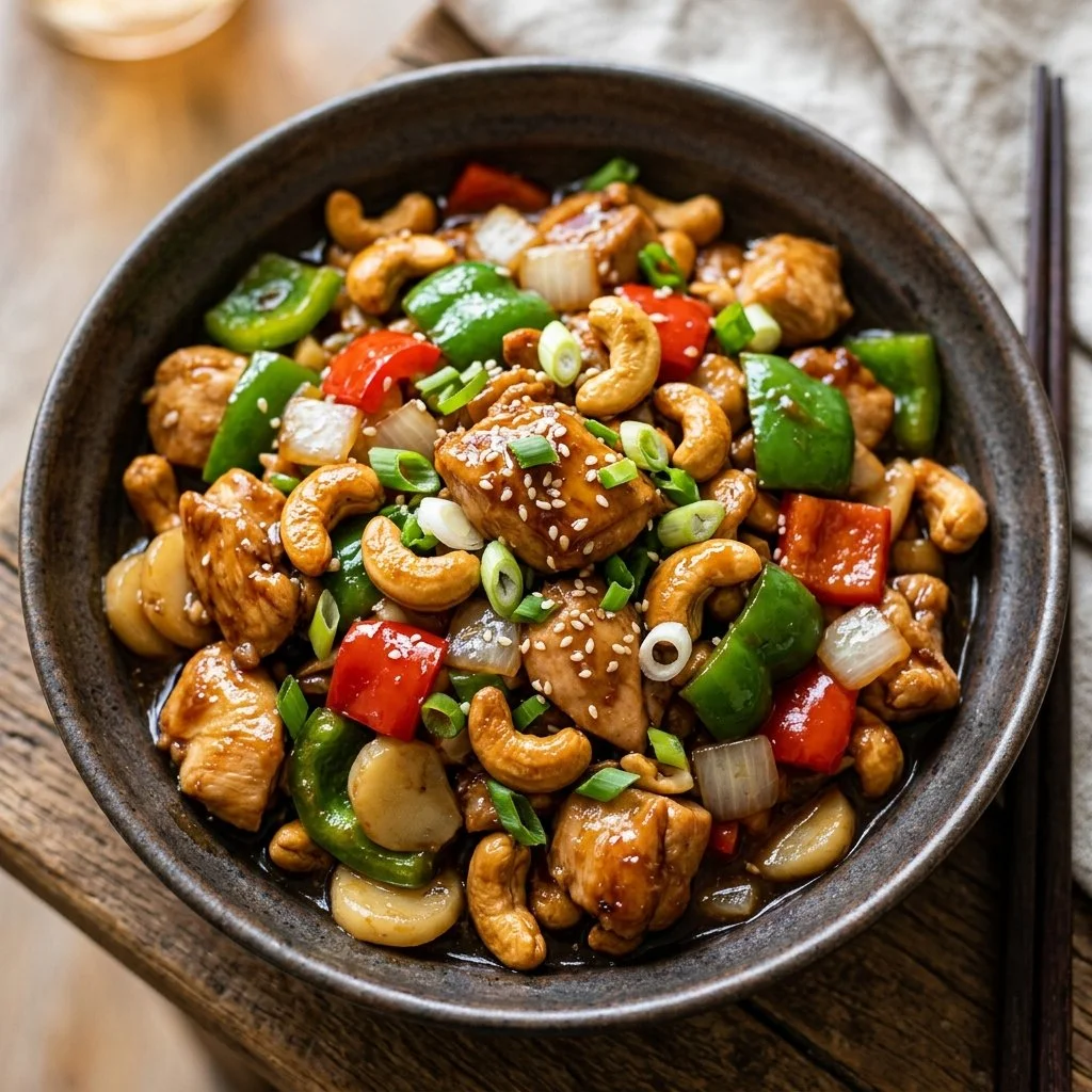 Delicious cashew chicken stir fry with vegetables and savory sauce