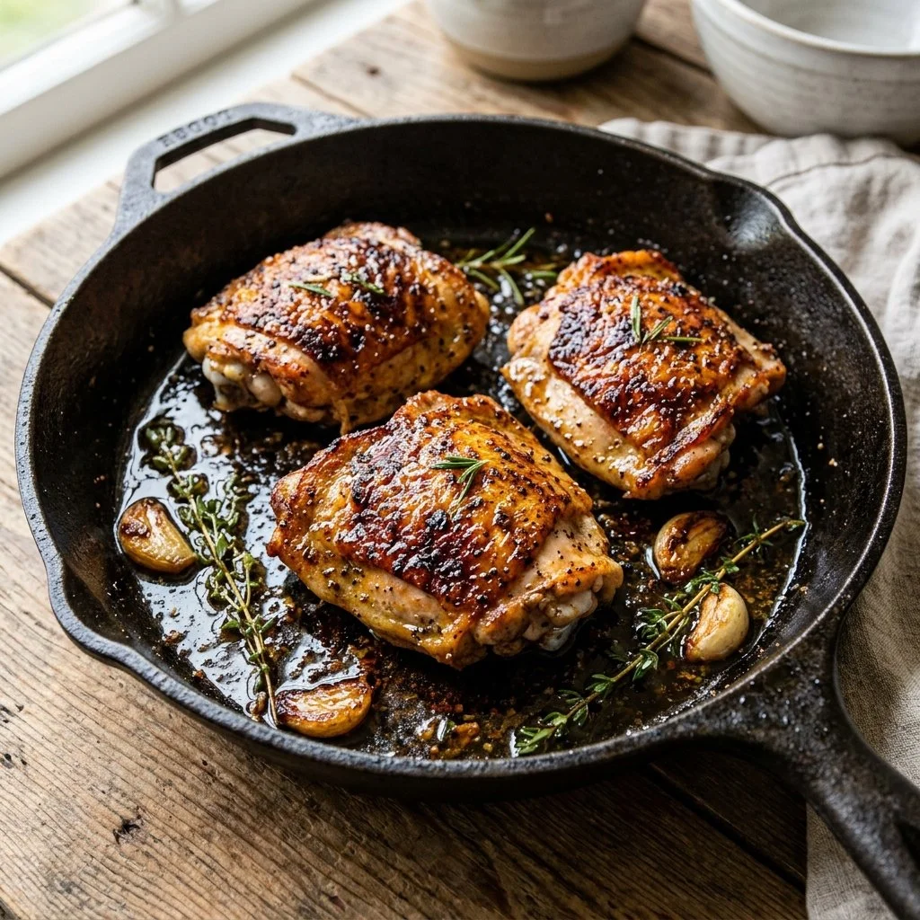 Juicy cast iron chicken thighs garnished with herbs in a skillet