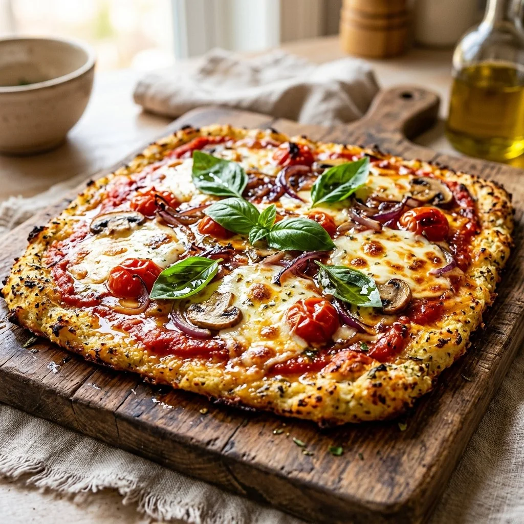Deliciously topped cauliflower crust pizza with fresh ingredients