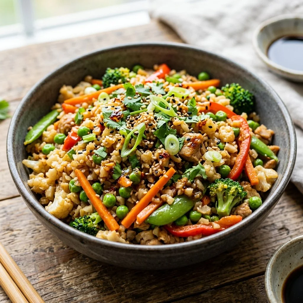 Colorful cauliflower rice stir fry with vegetables and spices in a pan.