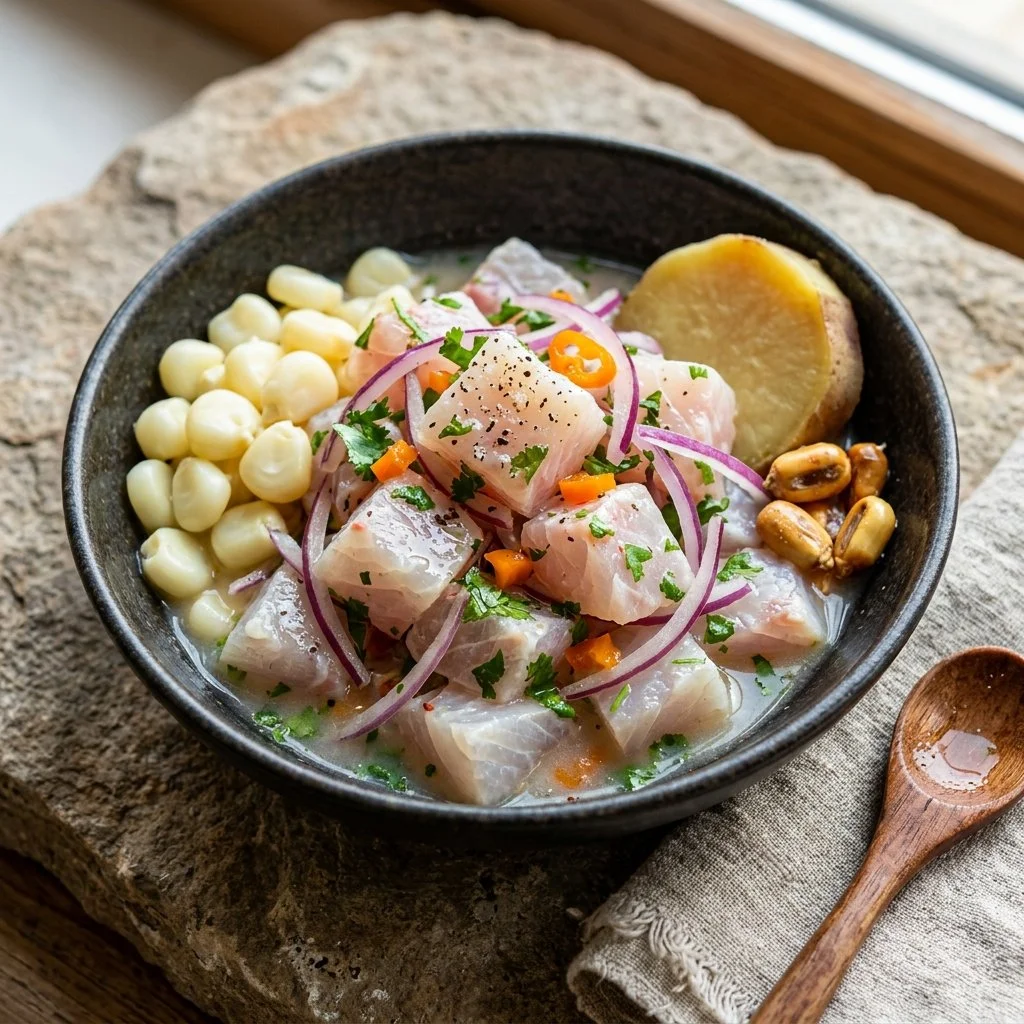 A colorful plate of ceviche with fresh seafood and citrus elements