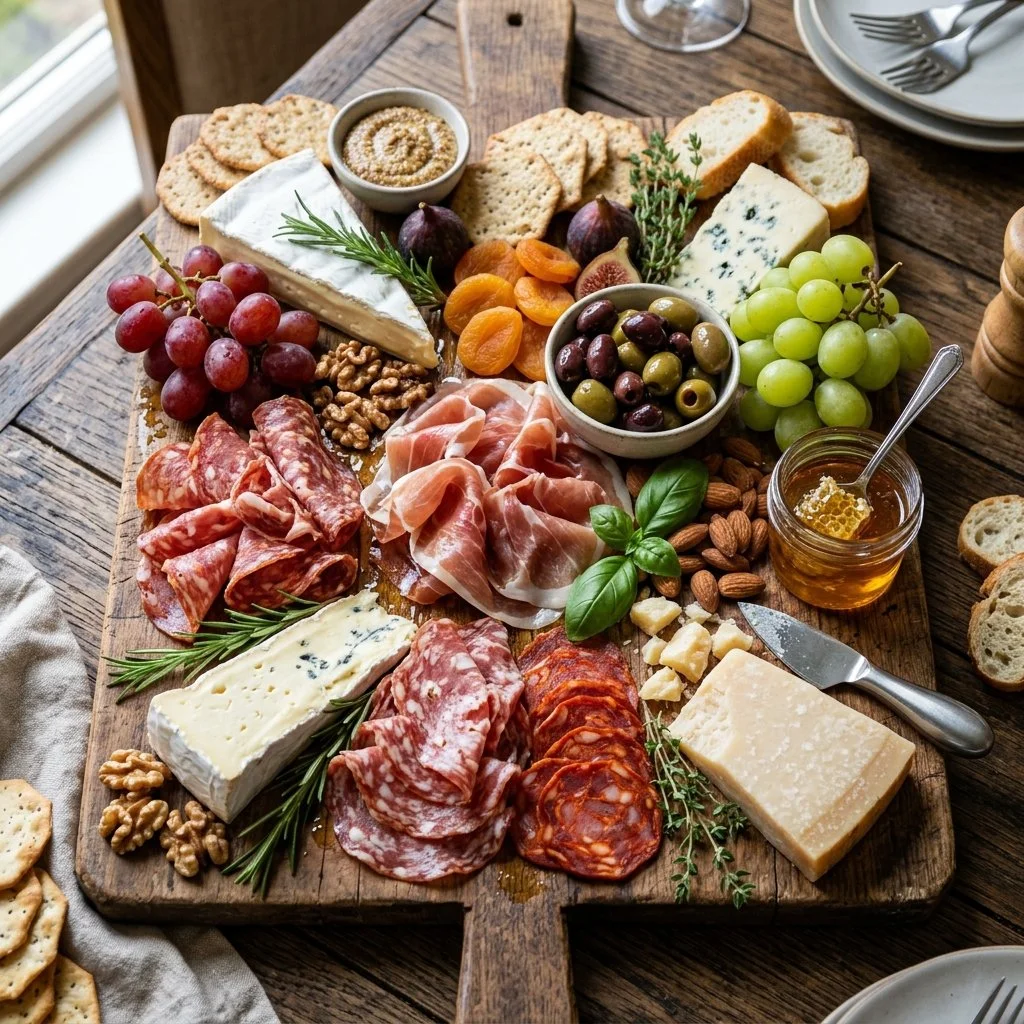 Beautifully arranged charcuterie board with various meats, cheeses, and fruits.