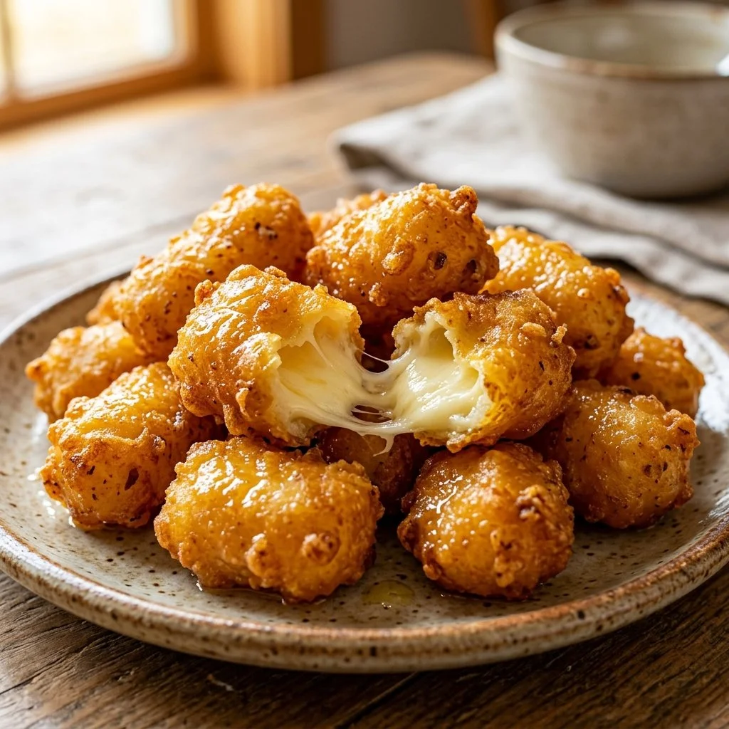 A plate of fresh cheese curds ready to be enjoyed.