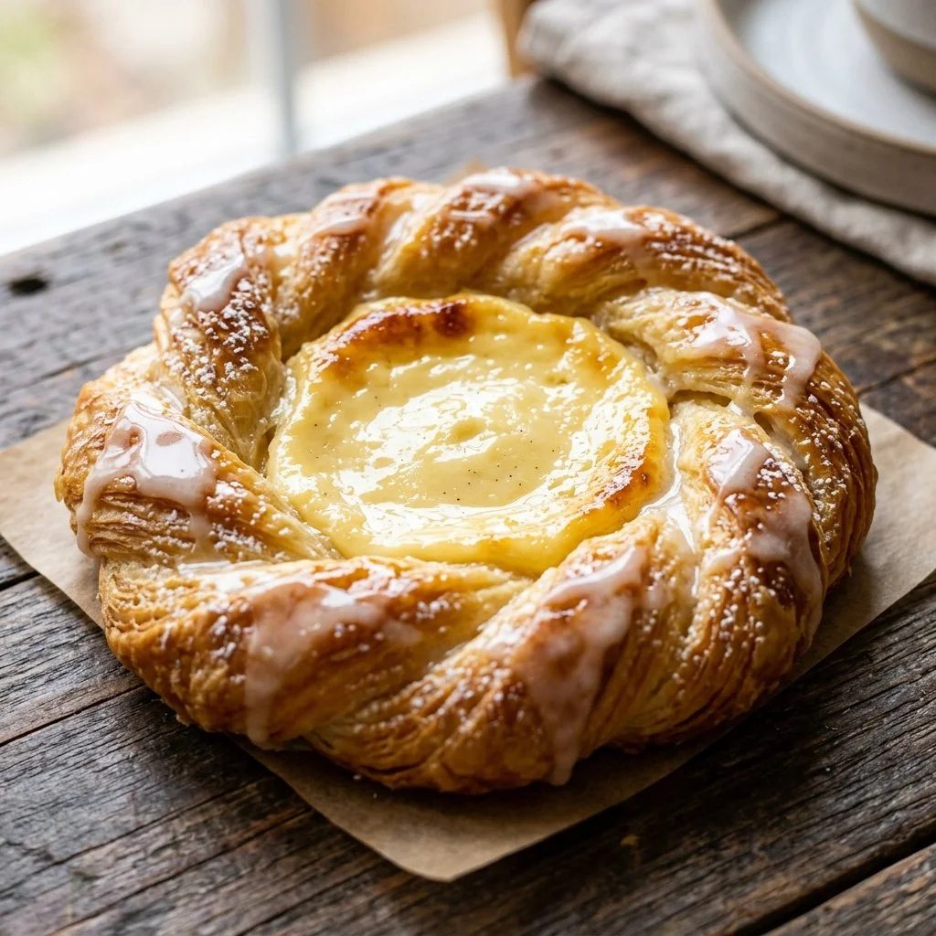 Freshly baked Cheese Danish with creamy cheese filling on a rustic plate