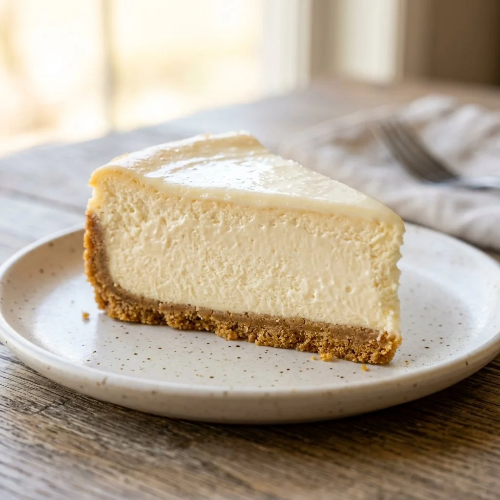Delicious slice of The Cheesecake Factory cheesecake topped with fresh strawberries.