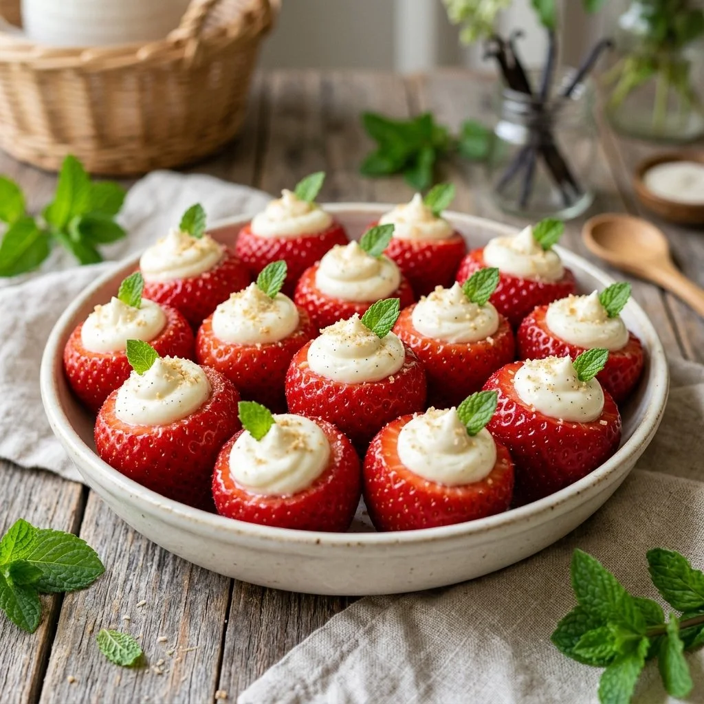 Cheesecake stuffed strawberries topped with whipped cream and chocolate drizzle
