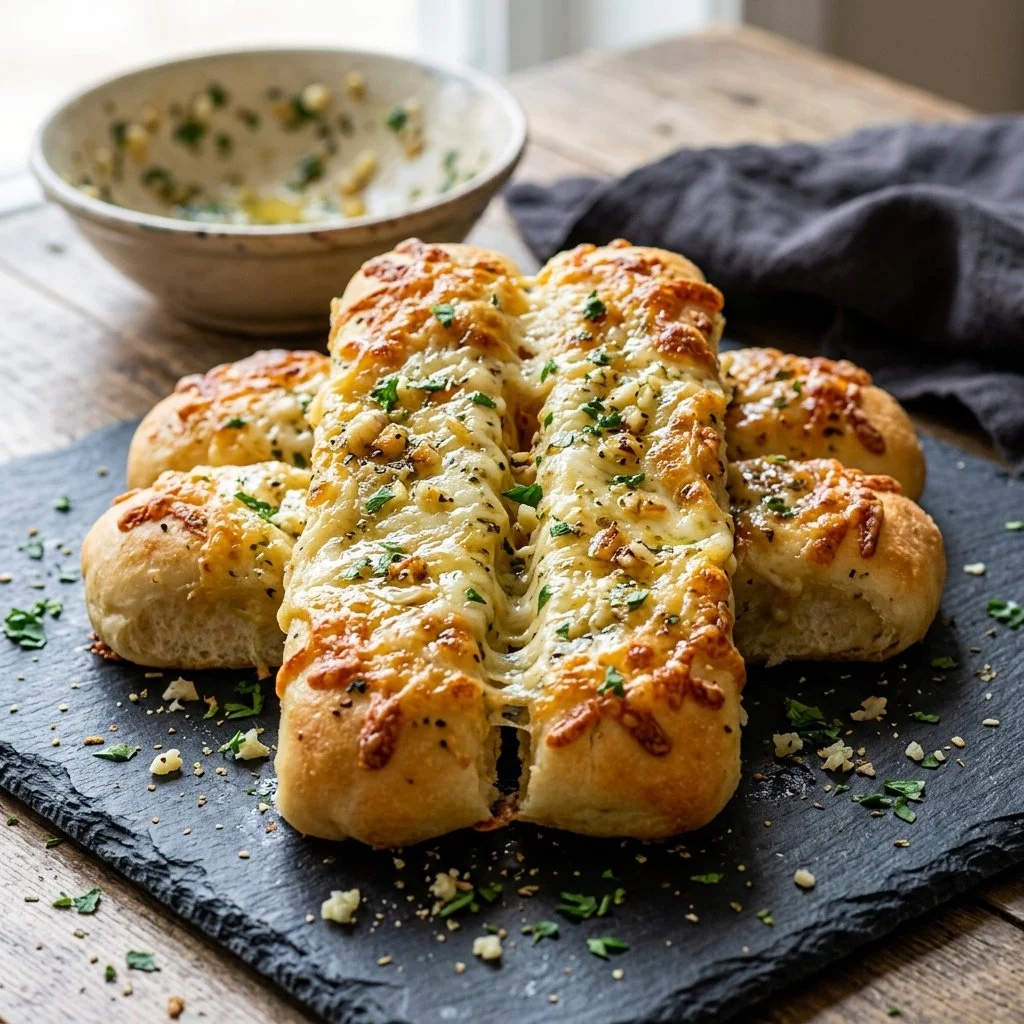 Delicious cheesy garlic breadsticks on a wooden table