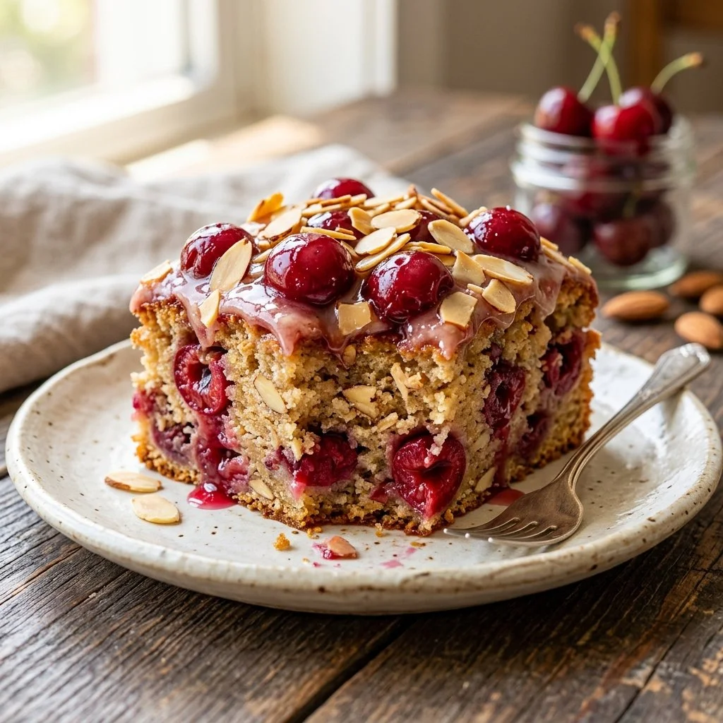 Slice of Cherry Almond Cake with cherries and almond slivers