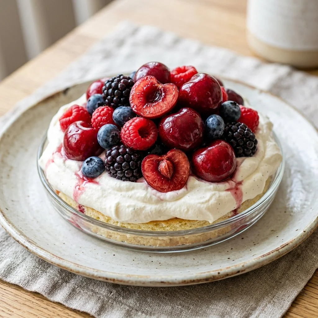 Cherry Berries on a fluffy cloud dessert showcasing vibrant colors and textures.