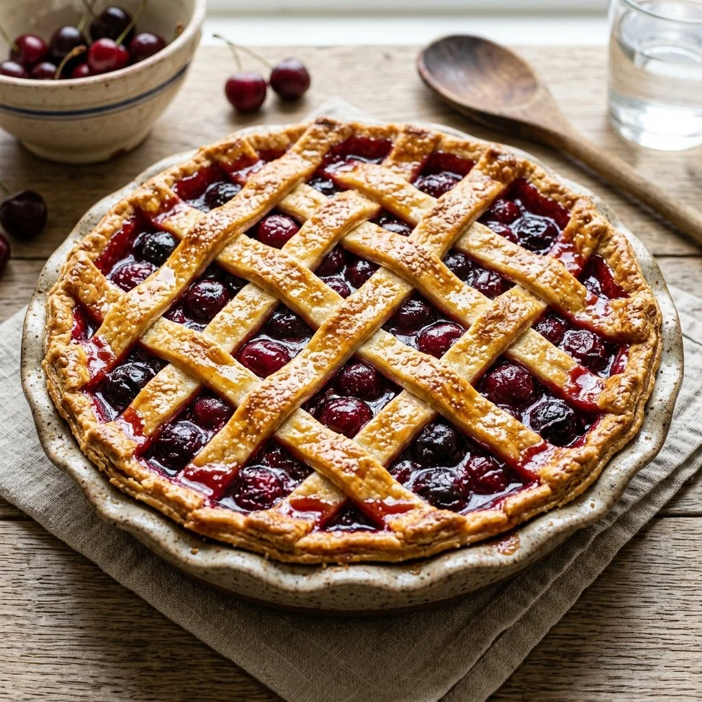 Delicious homemade cherry pie with fresh cherries and a golden flaky crust