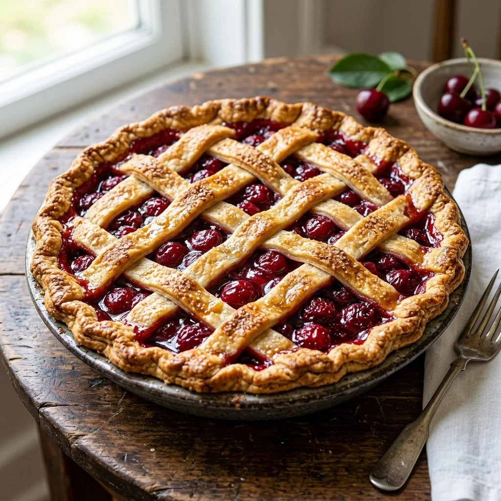 Homemade cherry pie with fresh cherries and a golden flaky crust