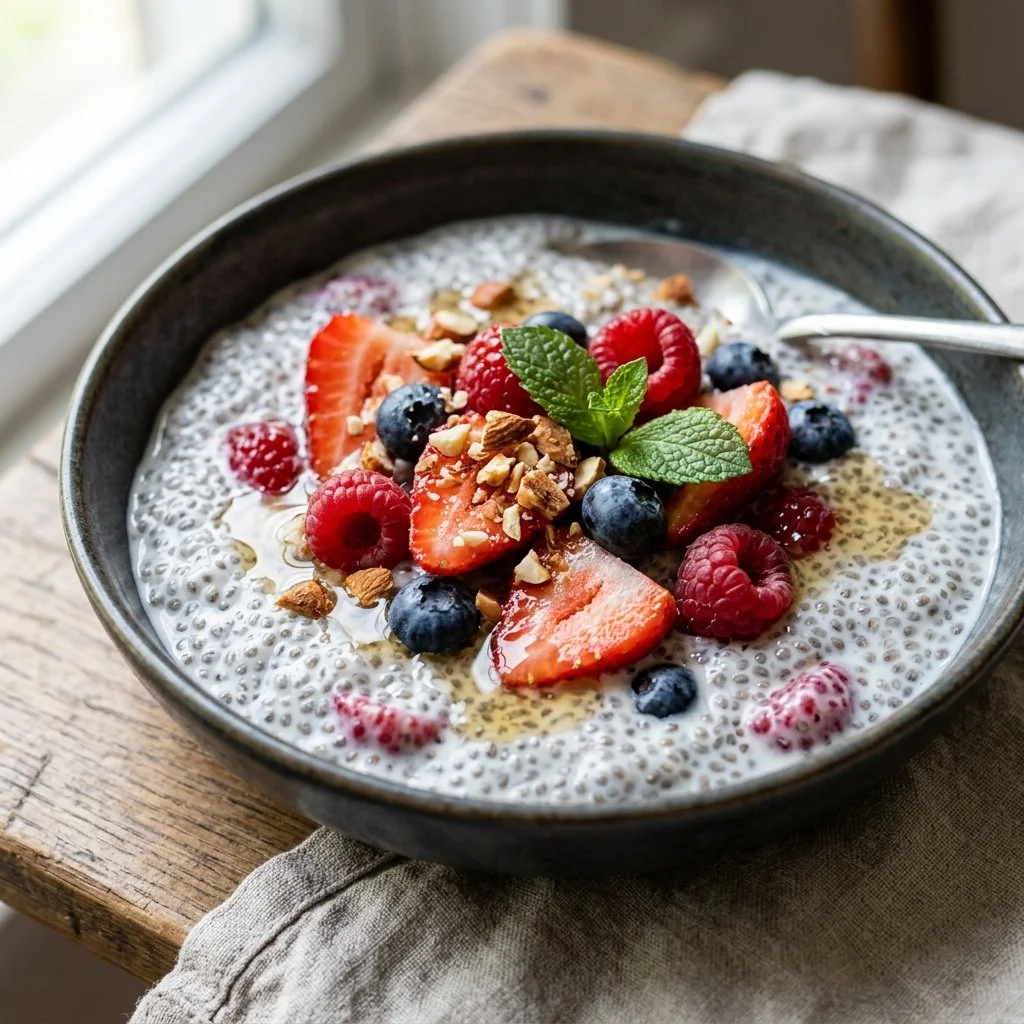 Delicious chia seed pudding served in a bowl with fresh fruits and nuts.