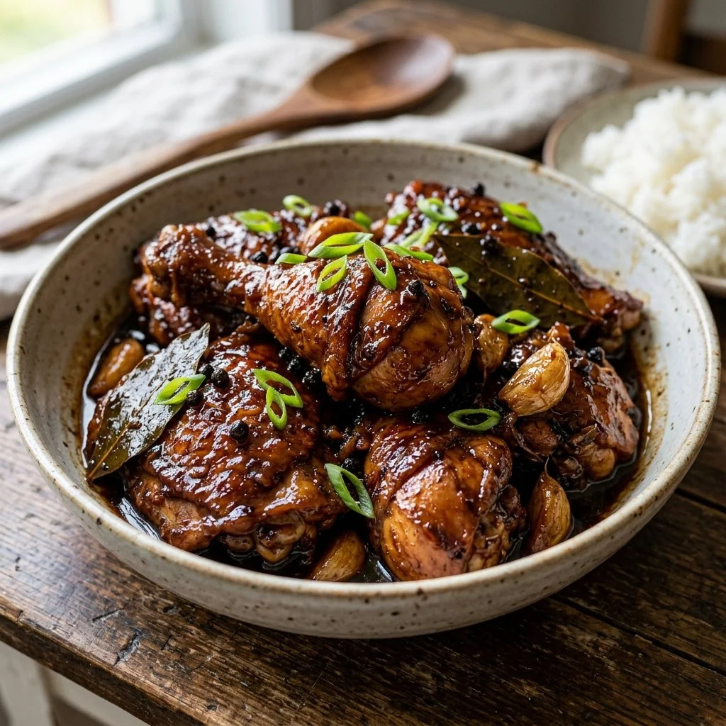 Delicious Chicken Adobo served in a traditional Filipino bowl.