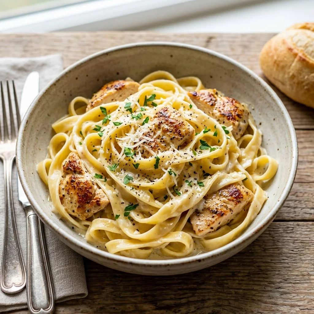 Creamy Chicken Alfredo pasta served in a bowl with a sprinkle of parmesan.