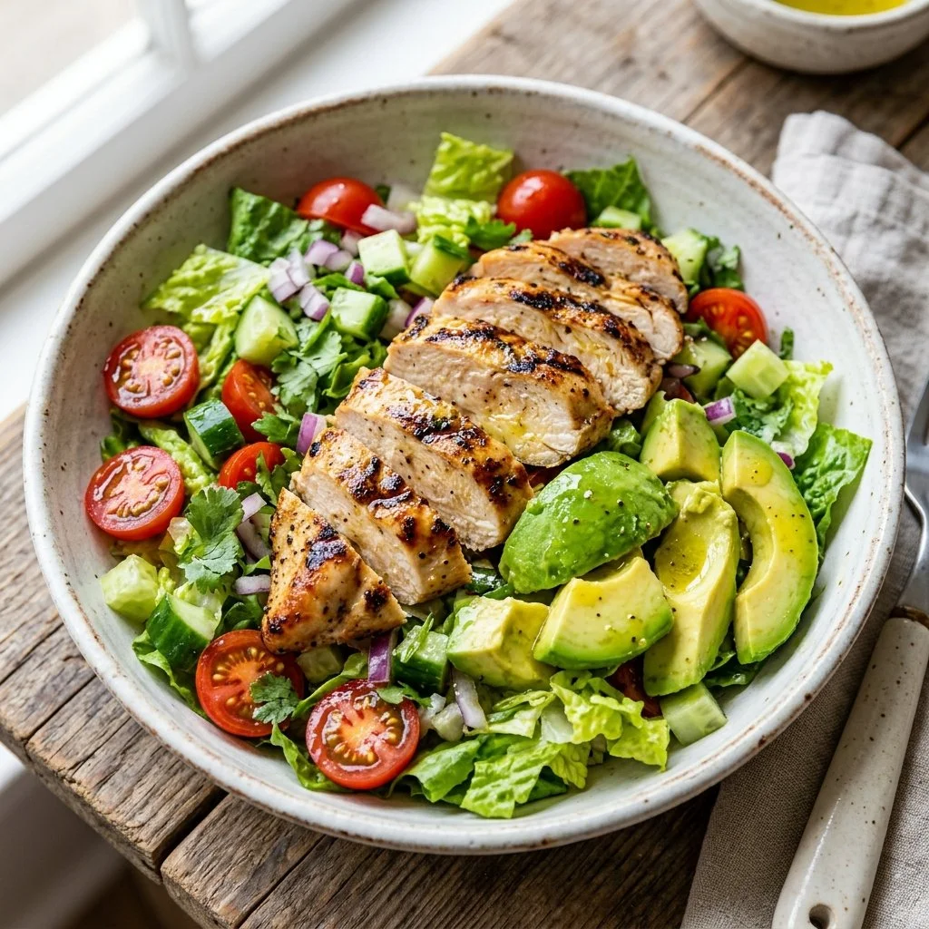 Delicious Chicken Avocado Salad topped with fresh ingredients