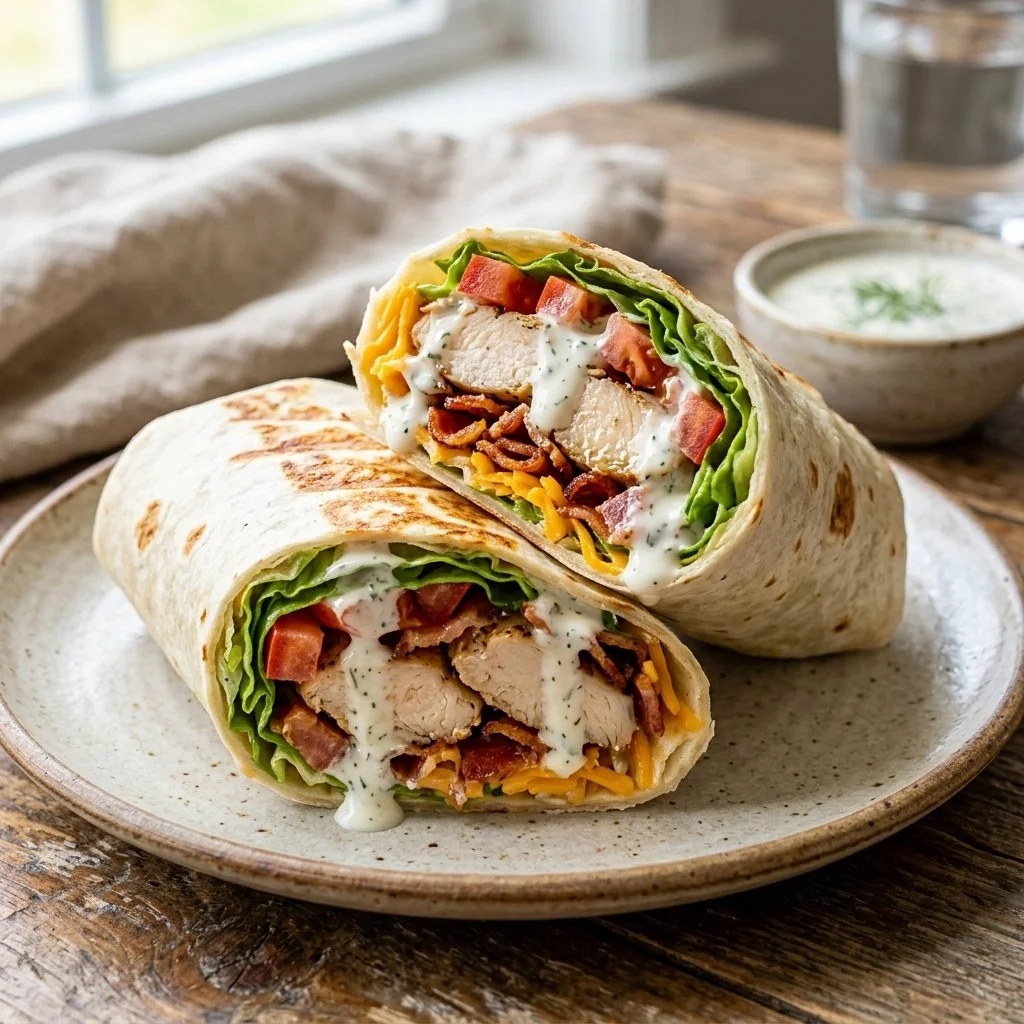 Delicious Chicken Bacon Ranch Wrap filled with grilled chicken, crispy bacon, and ranch dressing.
