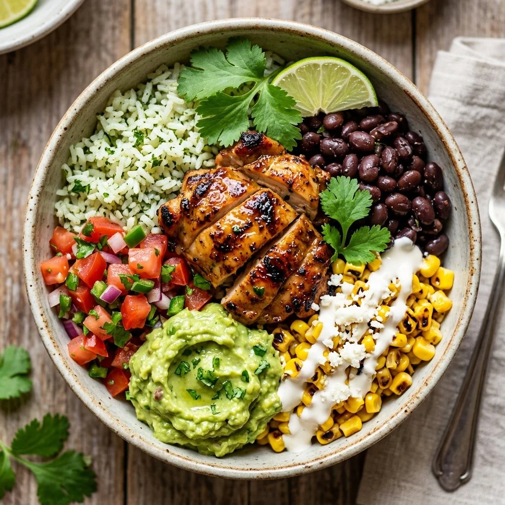 Delicious Chicken Burrito Bowls with fresh ingredients and vibrant toppings.