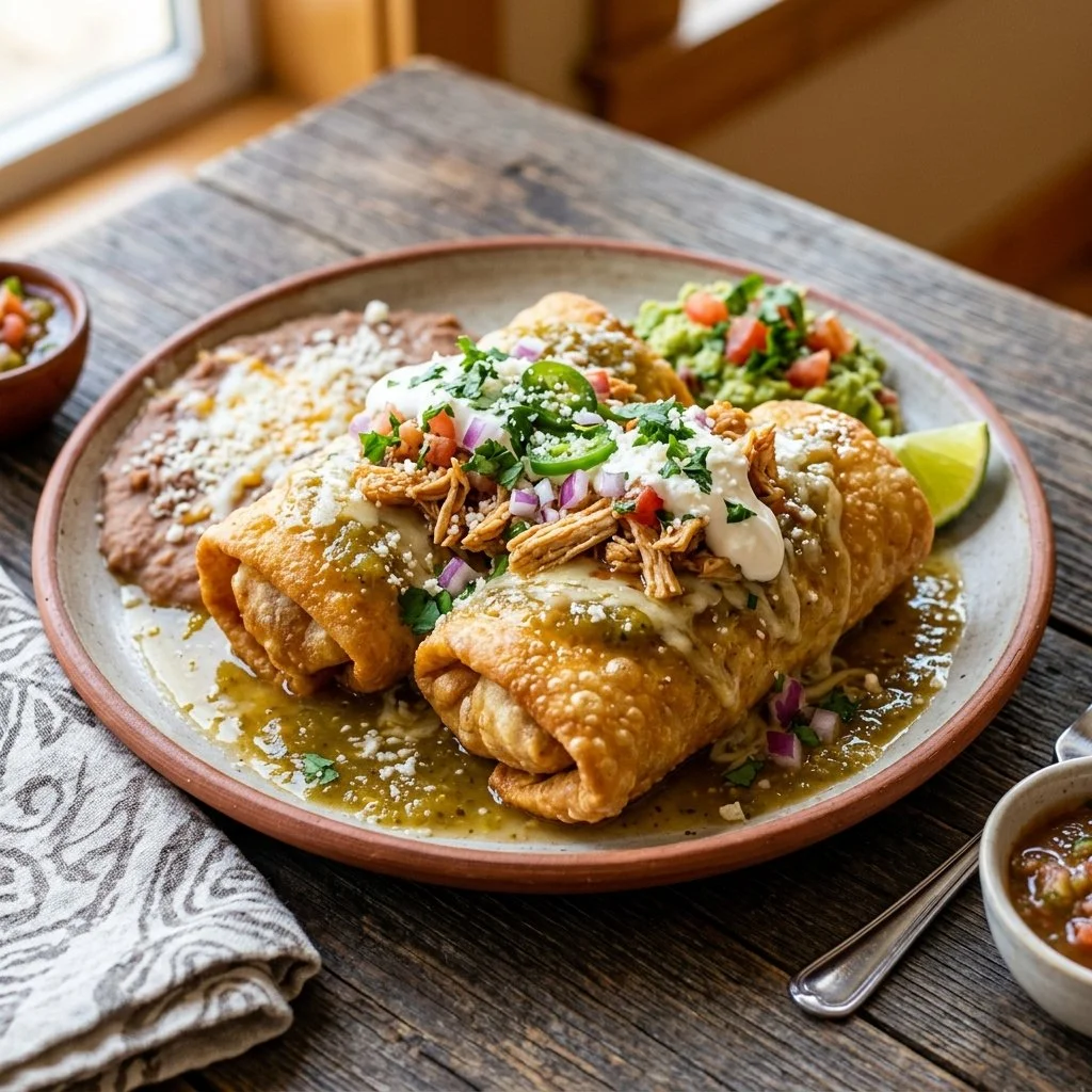 Delicious Chicken Chimichangas served with salsa and guacamole