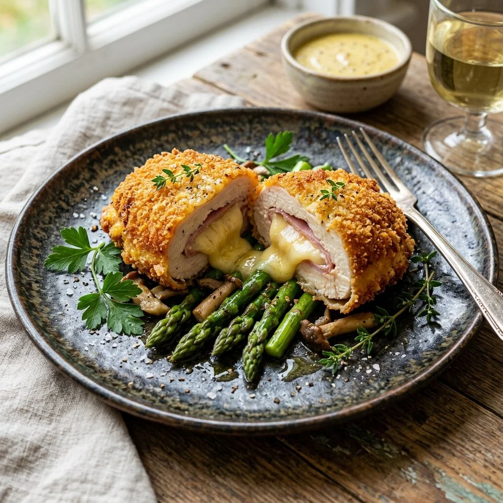 Delicious Chicken Cordon Bleu with melted cheese and crispy breading